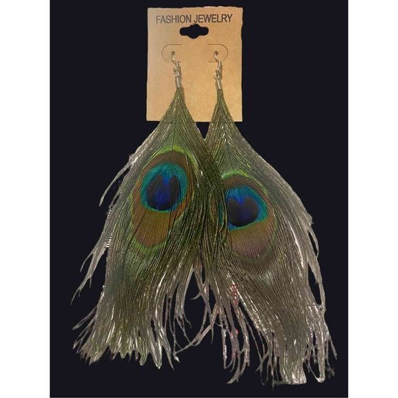 Peacock Bohemian Feather Earrings 5 inch drop - Picture 2 of 2